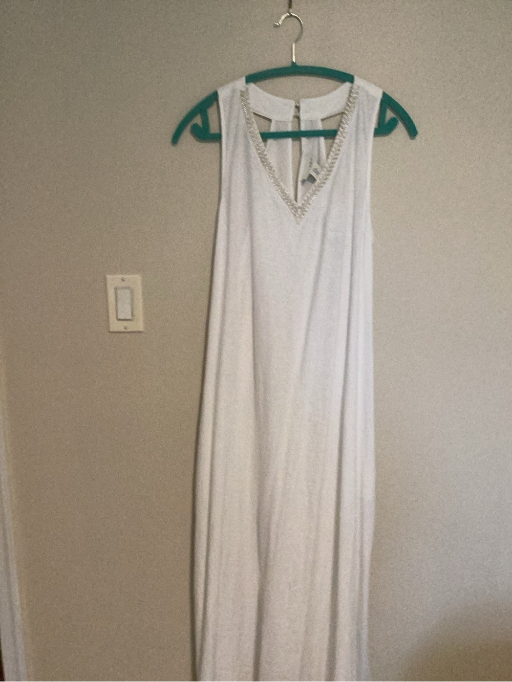 White V-Neck Sleeveless Maxi Dress with Beaded Trim
